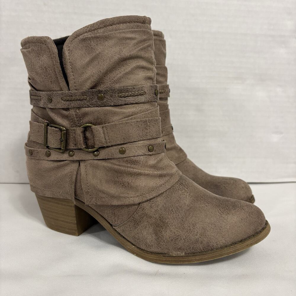 SO Womens 8.5 M Pine Sand Western Ankle Boots Buckle Studded Moto Cowboy